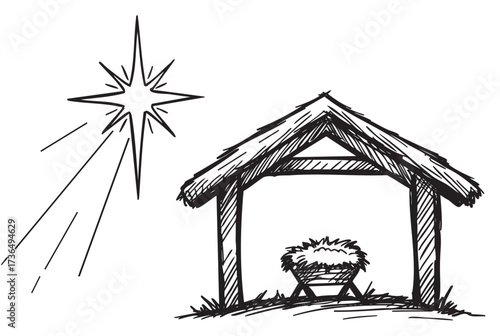 Simple nativity scene with manger and star illustration for christmas themes – retro hand drawn illustration