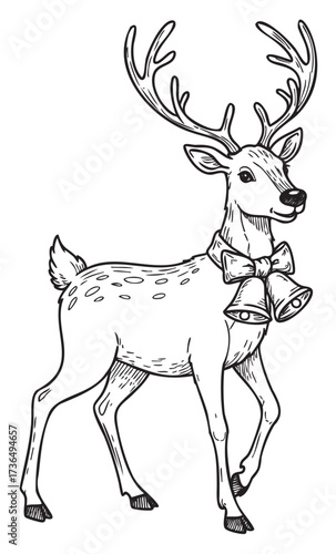 Festive reindeer illustration with antlers and bell bow – retro hand drawn illustration