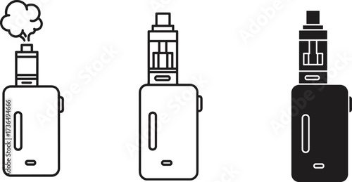 Stylized vape device illustrations with vapor emission, idle and inactive states, electronic cigarette design, smoking alternative concept, modern flat vector