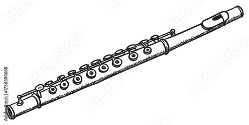 Black and white flute sketch with detailed musical instrument features – retro hand drawn illustration