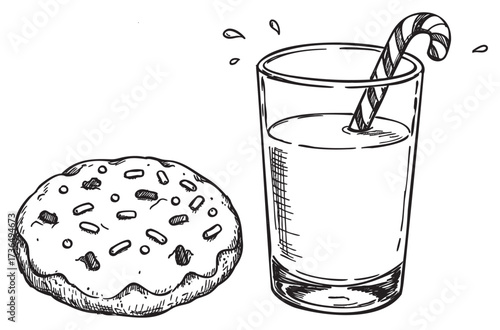 Glass of milk with candy cane straw and chocolate chip cookie illustration – retro hand drawn illustration