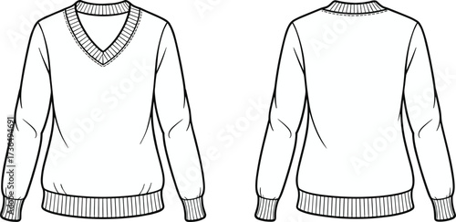 Fashion flat sketch of unisex V-neck long sleeve sweater with ribbed cuffs, waistband, and collar front and back view illustration