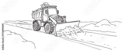 Snow plow truck clearing winter road with christmas decorations – retro hand drawn illustration