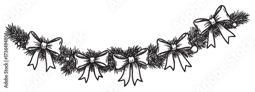 Festive christmas garland with bows and pine elements in black and white drawing – retro hand drawn illustration
