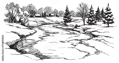 Black and white winter landscape with river and snow-covered trees – retro hand drawn illustration