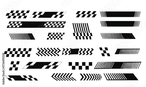 set checkered flag designs, racing stripe speed, finish line motorsport vector Illustration

