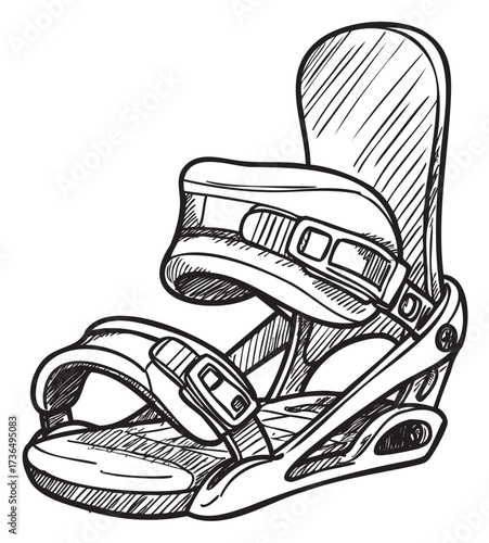 Monochrome sketch of snowboard binding with straps and baseplate detail – retro hand drawn illustration