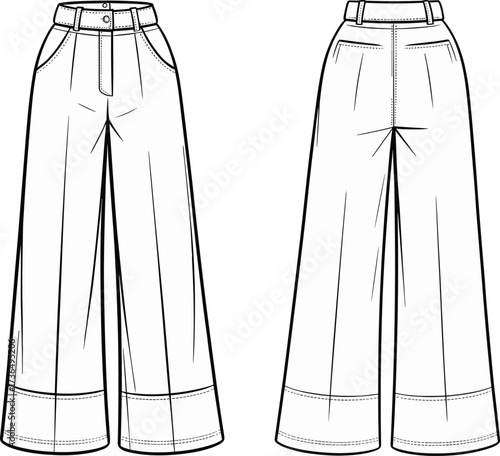 Fashion flat sketch of wide leg trousers with waistband, belt loops, pockets and detailed stitching front and back technical vector illustration