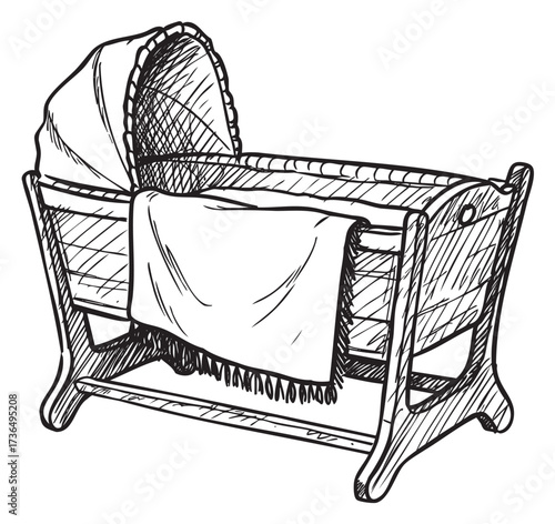 Vintage wooden baby cradle with blanket and canopy illustration – retro hand drawn illustration