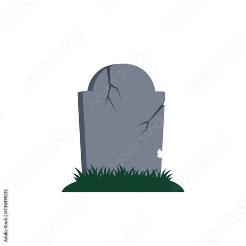 Old Weathered Spooky Cracked Tombstone with Green Grass, Perfect for Halloween Themes and Graveyard Scenes