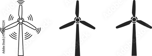 Wind turbine silhouettes with rotating blades and energy motion lines, renewable power generation, clean electricity source, sustainable energy system, flat vector