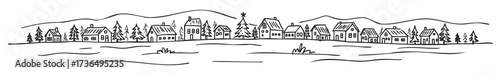 Charming winter village scene with snow-capped houses and evergreen trees – retro hand drawn illustration