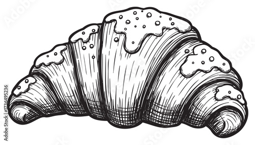 Detailed black and white illustration of a croissant with textured topping – retro hand drawn illustration