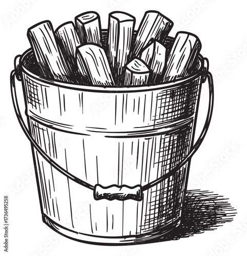 Illustrative sketch of wooden logs in metal bucket – retro hand drawn illustration
