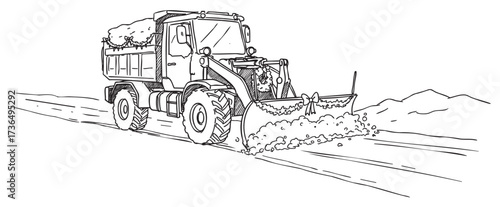 Snow plow truck clearing road in detailed line art illustration – retro hand drawn illustration