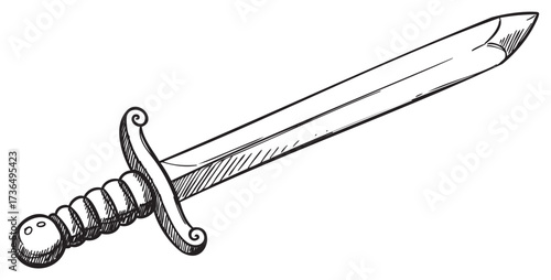 Vintage hand-drawn sword with curved guard and decorated grip in black and white – retro hand drawn illustration
