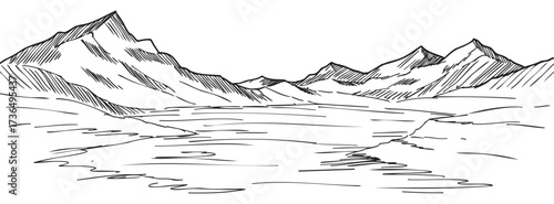 Monochrome mountain range sketch depicting serene landscape and jagged peaks – retro hand drawn illustration