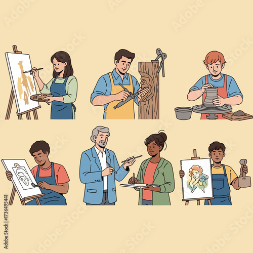 Set of diverse artists and creators engaged in various artistic hobbies, including painting on canvas, wood carving, pottery, and digital sketching