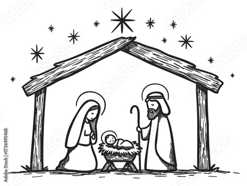 Nativity scene illustration with baby jesus, mary, joseph, and starry night – retro hand drawn illustration