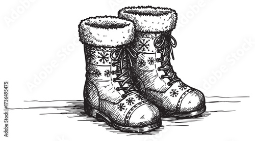 Warm winter snow boots with fur lining and star patterns – retro hand drawn illustration