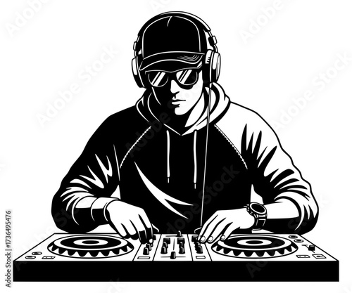 DJ Mixing Music on Turntables Vector Illustration, Disc Jockey, Nightclub, Party, Electronic Music, Turntable