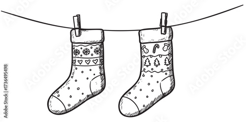 Hand-drawn christmas stockings hanging on a clothesline with festive patterns – retro hand drawn illustration