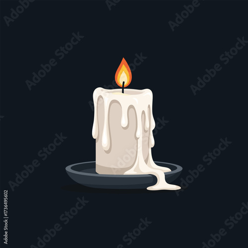 Melted wax white candle burning brightly in darkness on a dark ceramic plate