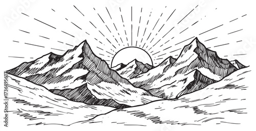 Monochrome mountain landscape with rising sun and radiating lines – retro hand drawn illustration