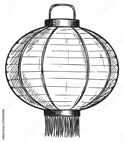 Traditional asian paper lantern sketch with handle and tassels – retro hand drawn illustration