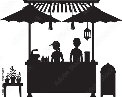 Silhouette of two people at a market stall with umbrellas