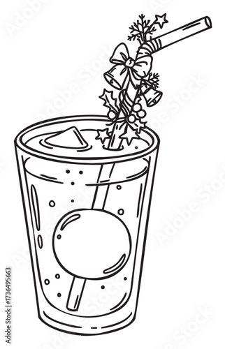 Festive holiday drink with ice and decorative straw in black and white – retro hand drawn illustration