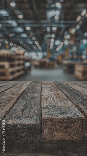 Wooden table surface in a spacious industrial warehouse illuminated by bright overhead lights during working hours - Low Contrast