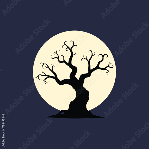 Spooky Halloween Tree Silhouette Against a Glowing Full Moon on a Dark Night Vector Illustration