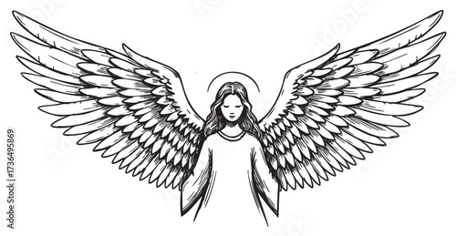 Illustration of angel with large wings and halo in black and white – retro hand drawn illustration