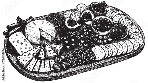 Rustic charcuterie board with assorted cheeses and fruits in black and white sketch – retro hand drawn illustration