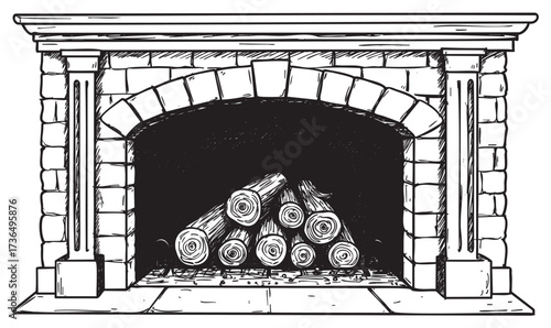 Rustic stone fireplace with firewood illustration – retro hand drawn illustration