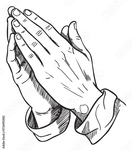 Sketch of hands in prayer gesture with clasped fingers and folded palms – retro hand drawn illustration