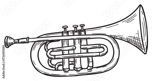 Hand-drawn sketch of a classic trumpet with detailed valves and bell design – retro hand drawn illustration