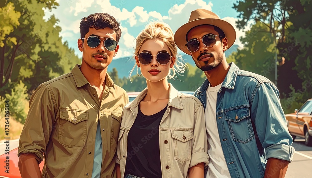 Fototapeta premium Three individuals in casual clothing standing in front of a vintage car on a road. The image evokes a retro aesthetic with a relaxed, road trip vibe. Friendship, travel, vintage fashion, lifestyle.