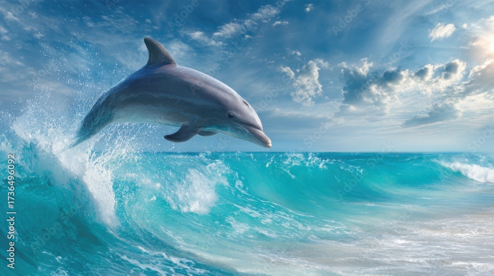 Fototapeta premium A dolphin jumps across turquoise waves creating splashes in the water. The scene is set under a bright blue sky with scattered clouds showcasing a lively ocean environment.