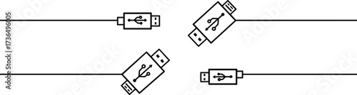 USB cable connectors collection with Type‑A, Type‑B, Mini‑B and Micro‑B designs, electronic device connection technology, data transfer, flat vector