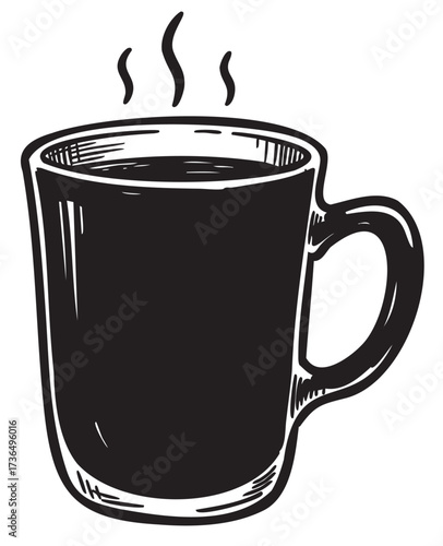 Monochrome steaming coffee mug illustration with bold outline – retro hand drawn illustration