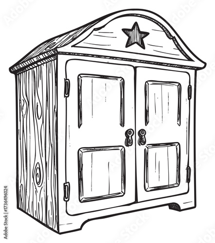 Rustic wooden cabinet with star design and double doors in black and white line art – retro hand drawn illustration