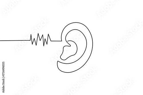 Human ear icon in continuous one line drawing style. Minimalist outline isolated on a white background. Modern single line art vector illustration for design projects