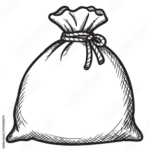 Hand-drawn burlap sack with rope tie illustration in black and white – retro hand drawn illustration