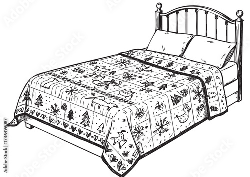 Hand-drawn quilt with festive patterns on metal bed frame – retro hand drawn illustration