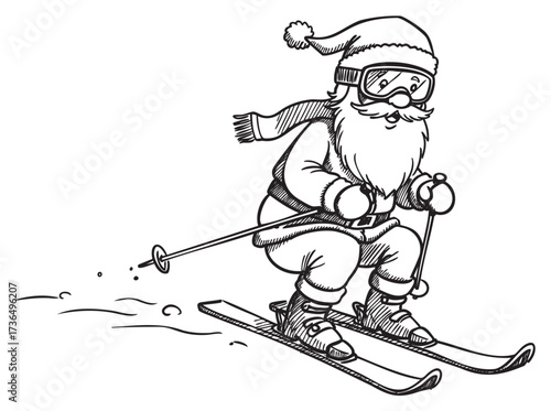 Illustration of santa claus skiing with goggles and scarf in black and white – retro hand drawn illustration