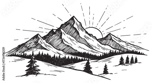 Hand-drawn mountain landscape with sunburst and pine trees in black and white – retro hand drawn illustration