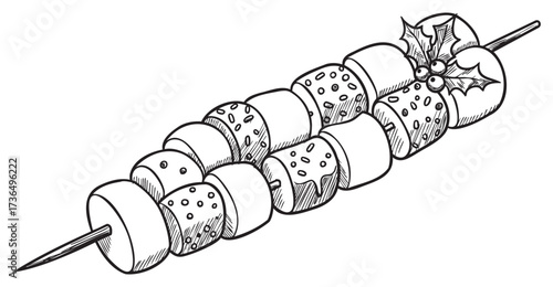 Festive marshmallow skewer with holly and dotted marshmallows in black and white – retro hand drawn illustration