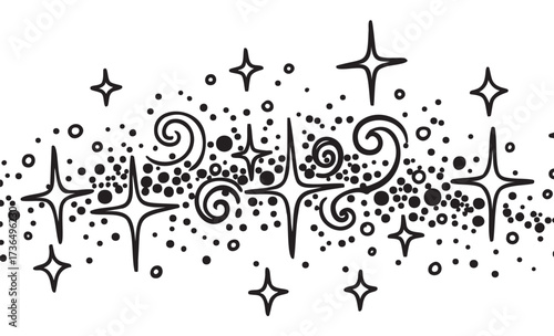 Black and white cosmic pattern with stars and swirls – retro hand drawn illustration